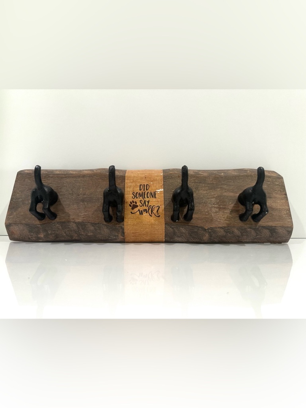 New Wood Key Holder Wall Shelf Black Iron Dog Tail Leash & Coat Rack 17x5